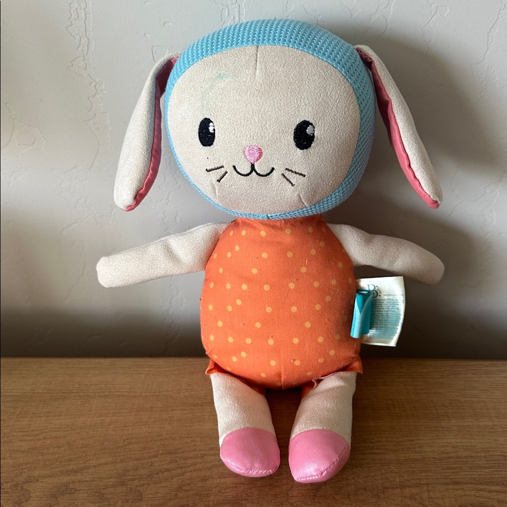 B Play B Softies Bunny Rabbit Plush Stuffed Doll Orange Dress Blue Bonnet 12"